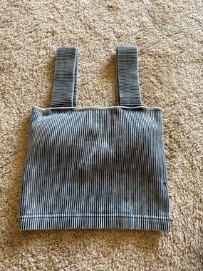 Zenana Outfitters Blue and White Ribbed Square Neck Crop Top